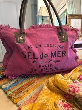 Myra Bag Pink Canvas Tote with Leather Handles and Fringe